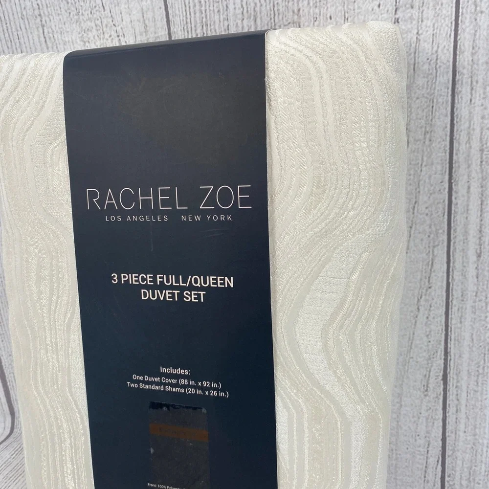 Rachel Zoe Duvet Set Full/Queen Ivory Cream Wavy Jacquard Modern Textured Chic